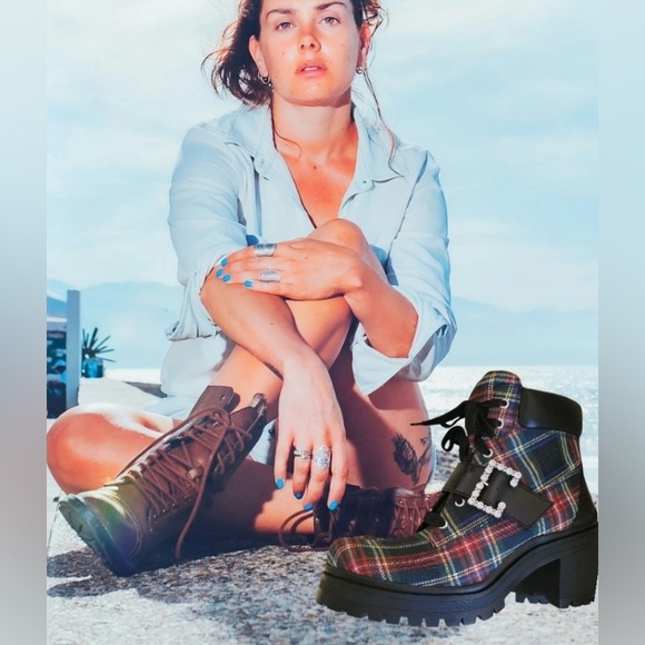 NWO box Plaid Lace-Up Ankle Boots with rhinestone buckle - Picture 1 of 5